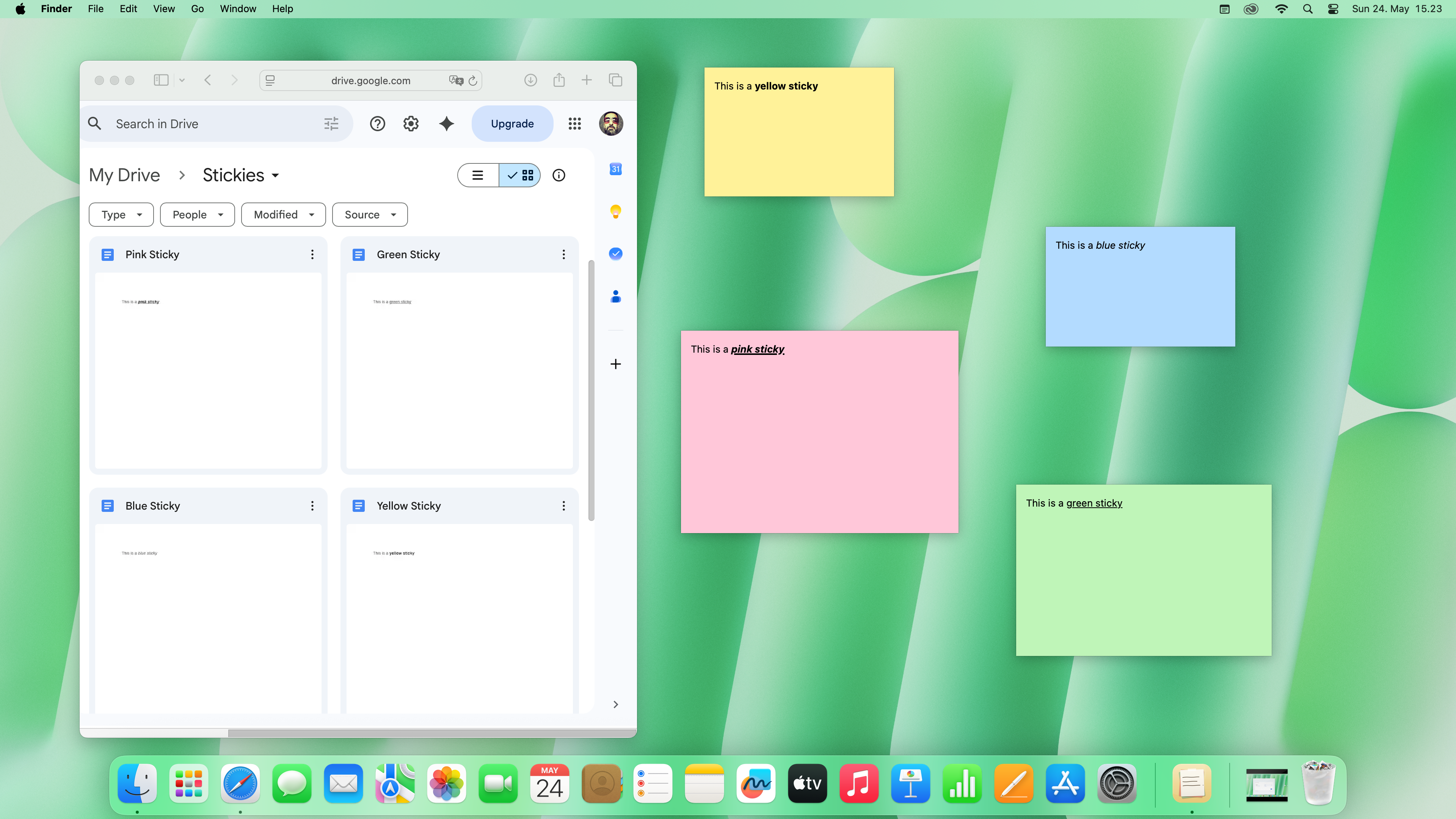 Screenshot of StickyDocs: coloured sticky notes floating on the macOS desktop next to a Google Drive window showing the matching Docs in the Stickies folder.